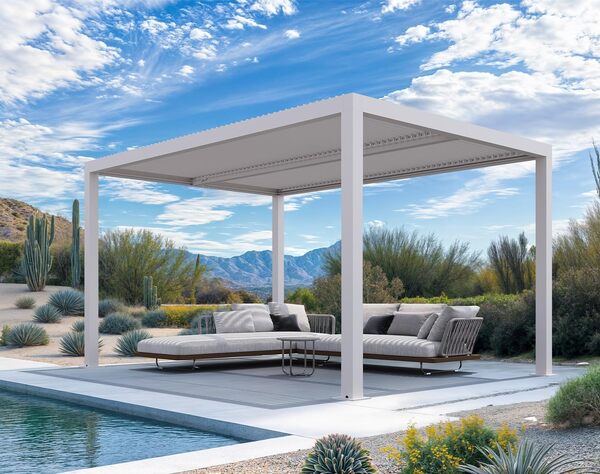 PURPLE LEAF Pergola Bioclimatique 4,24 x 3 m Pergola Aluminium avec Stores Enrouleurs sur Un côté Tonnelle de Jardin Lames Orientables Pergolas Jardin Extérieur, 1 Côté Long, Blanc