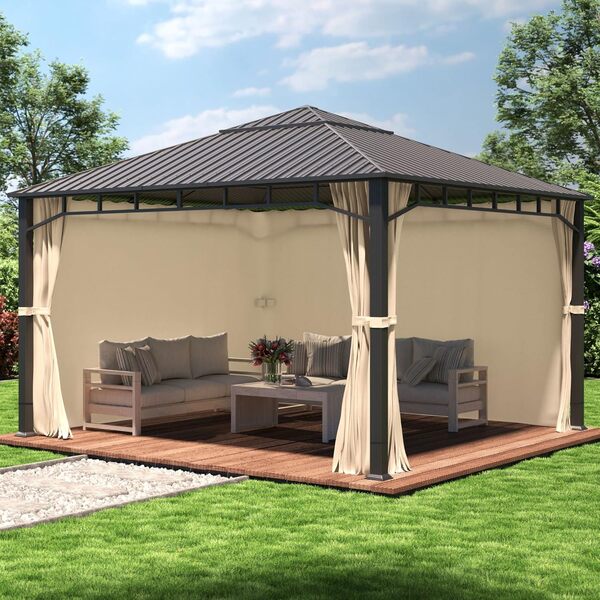 TOOLPORT Tonnelle de Jardin 4x4 m Toit en Acier, 4 parois latérales en Champagne, profilé env. 90x90 mm