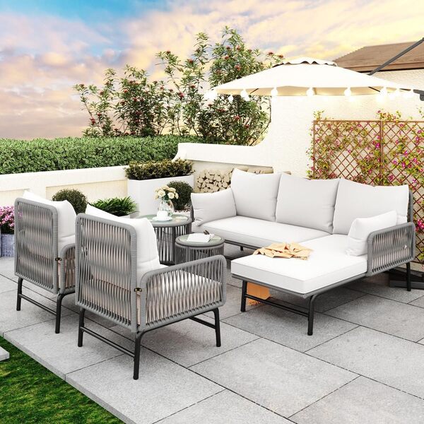 Salon de jardin exterieur 5/6 personnes,ensemble de meubles de jardin, avec structure en fer et corde grise,deux fauteuils,deux canapés 2 places et deux tables (tous les coussins inclus) (Grey)