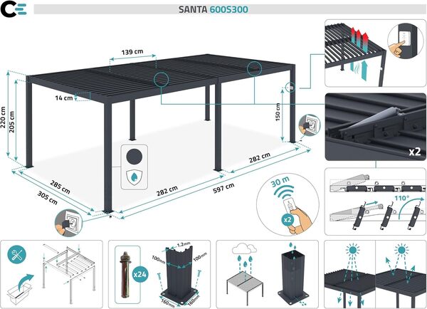 Cazeboo Pergola bioclimatique Aluminium motorisée 6x3m Santa, Gris, Lames orientables, Pergola autoportée, 597x304x220 cm