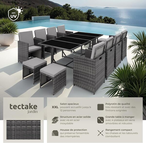 TecTake Salon en Résine Tressée - Ensemble Repas Extérieur avec 8 Chaises Confortables et 4 Tabourets, 1 Table - Mobilier de Jardin pour Balcon ou Terrasse - Gris/Gris Clair