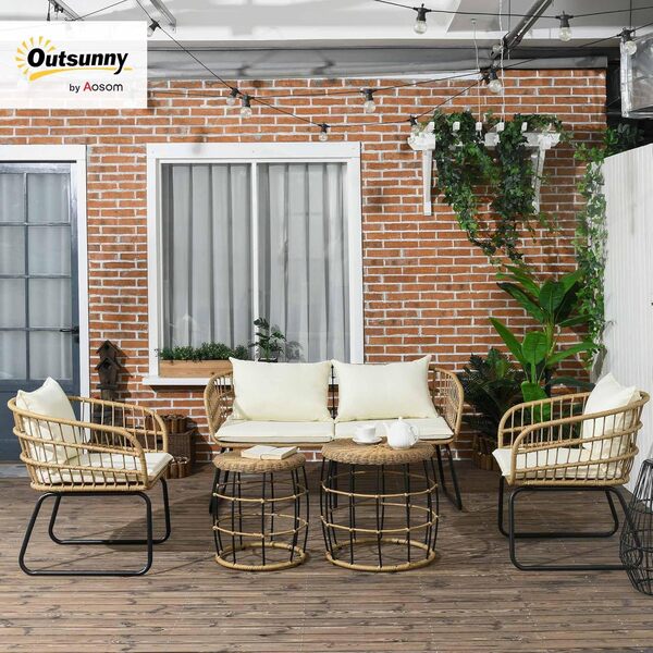 Outsunny Ensemble Salon de Jardin Meubles d'extérieur 4 Places avec 1 canapé 2 Places, 2 fauteuils et 2 Tables Basses, Coussins Inclus en résine tressée Gris et Acier Noir