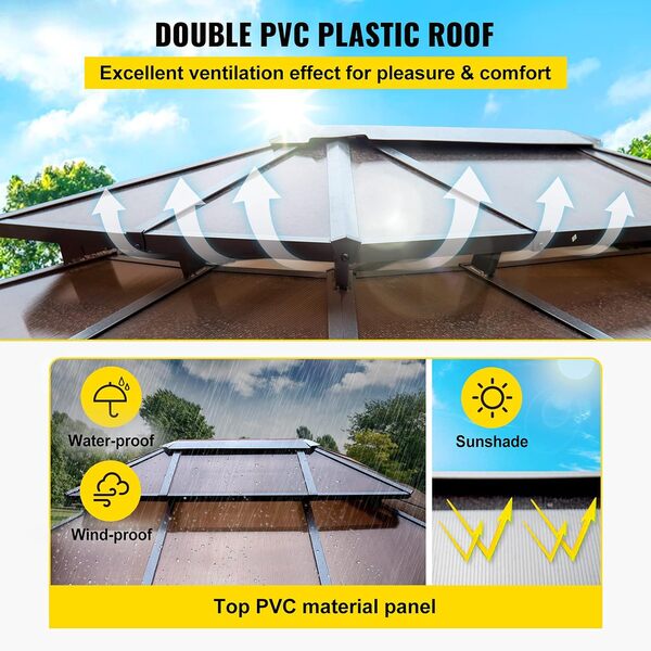 VEVOR Pavillon de Jardin 10x10pi, Tonnelle de Jardin Aluminium, Grande Tente de Jardin Réception Pavillon Marron, Gazebo en Bois Massif et Balcon Privé avec Moustiquaire [Classe énergétique A]