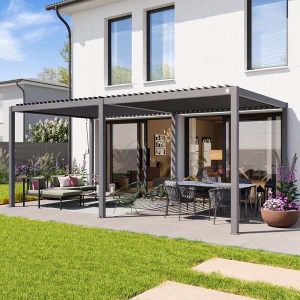 PRIMEYARD Pergola 3x6 m poteaux en Aluminium avec Lames orientables en Acier pavillon Gris