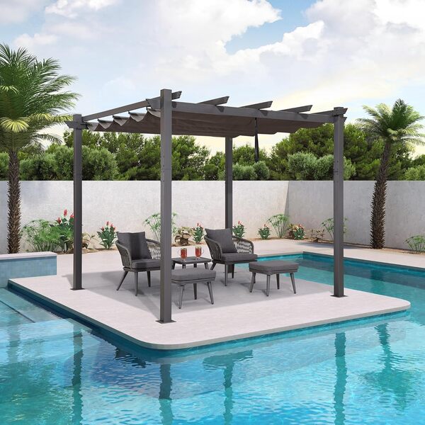 PURPLE LEAF Pergola Aluminium 3 x 3 m Tissu Teint en Fil, Pergolas pour Terrasse Extérieur, Pergola Jardin Extérieur Toit Coulissante, Pavillon de Jardin, Gris