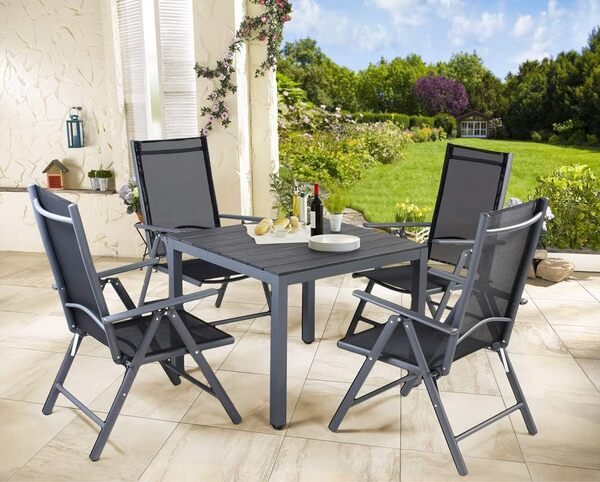 Casaria Salon de Jardin Aluminium Anthracite Bern 1 Table 4 chaises Pliantes Plateau de Table en Bois Composite Dossier réglable 7 Positions