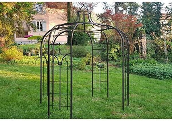 L'Héritier Du Temps Gloriette Princess Medium Tonnelle Pergola de Jardin Abris Rond en Fer Forgé Peinture Epoxy Marron Martelé 300x300x300cm