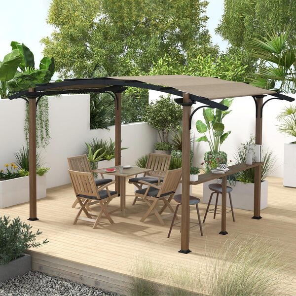 Outsunny Pergola tonnelle de Jardin avec comptoir Toit en Forme d'arche Protection UV - Cadre en Aluminium et Acier - dim. 406L x 260l x 239H cm