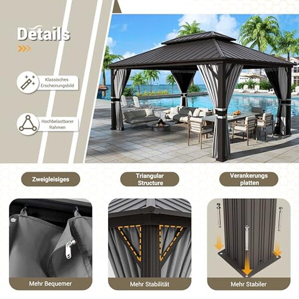 Découvrez la tonnelle UDPATIO 3, 65x4, 85 m, une pergola fiable et esthétique pour profiter pleinement de votre jardin en toute saison. Parfaite pour résister aux intempéries et embellir votre espace extérieur.