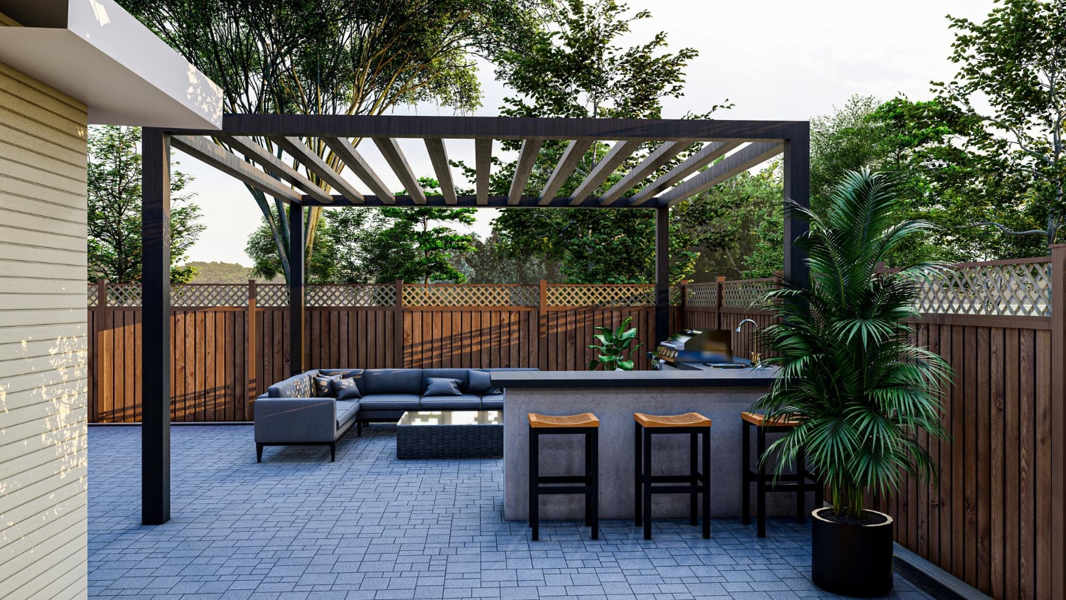 pergola en alu recouvrant l'espace détente d'un jardin